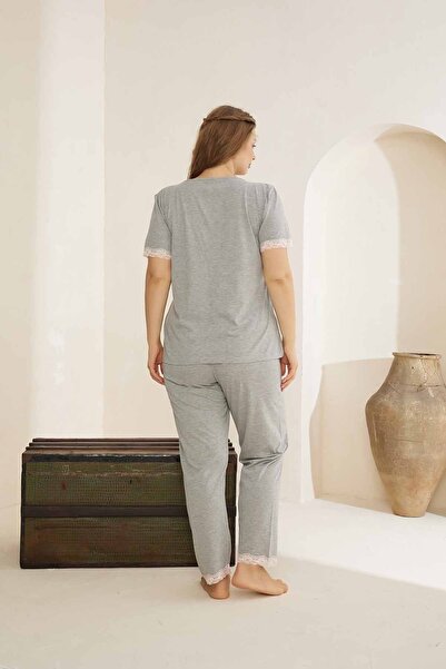 Siyah İnci Gray Melange Buttoned Curve Plus Size Oversized Knitted Pajama Set