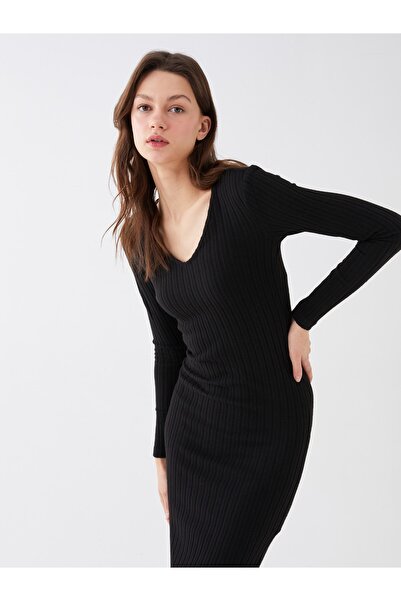 LC Waikiki Dámské šaty s rovným dlouhým rukávem s výstřihem do V