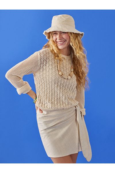 LC Waikiki Damen-Strickpullover mit durchbrochenem Rundhalsausschnitt und langen Ärmeln