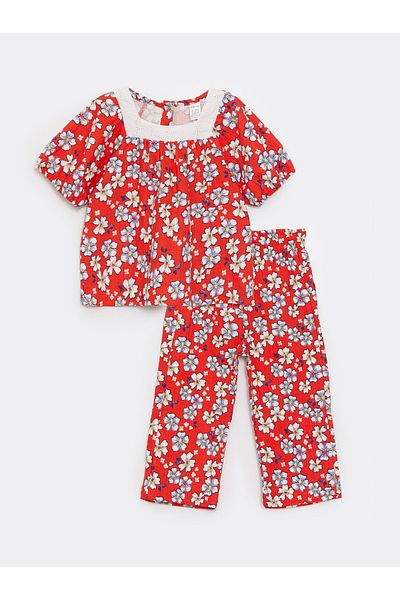 LC Waikiki Square Collar Short Sleeve Patterned Baby Girl Blouse and Trousers Set of 2