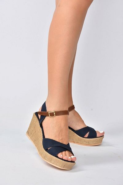 Fox Shoes Marineblaue Leinenschuhe mit Keilabsatz für Damen