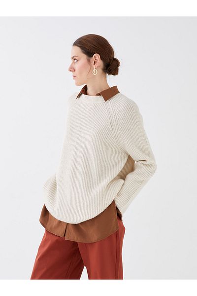 LC Waikiki Damen-Strickpullover – Rundhalsausschnitt, solide lange Ärmel