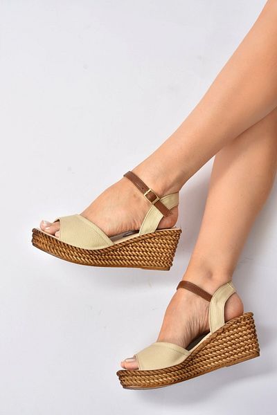 Fox Shoes Beige Linen Wedge Heeled Women's Shoes674192205