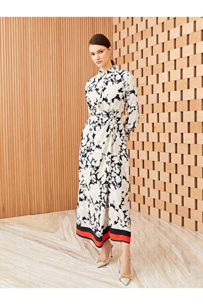 LC Waikiki Dámské saténové šaty s květinovým límečkem s dlouhým rukávem