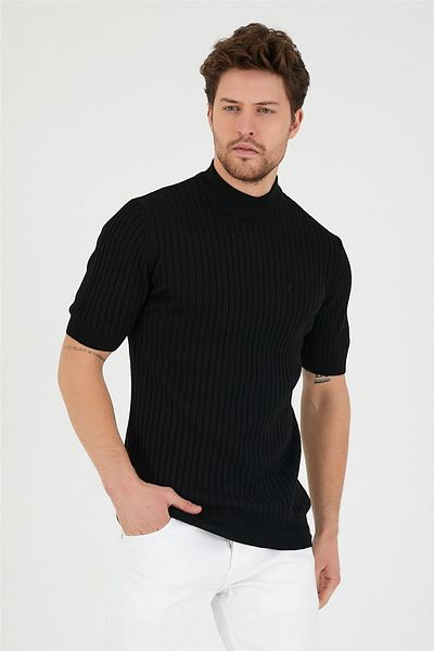 Tarz Cool Tricou negru pentru bărbați, cu jumătate de gât în ​​dungi