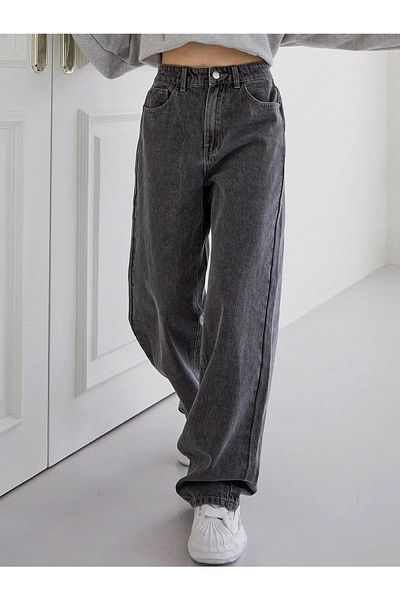LİMABEL Flower Women's Smoked Snow Wash Palazzo Super High Waist Loose Leg Jeans