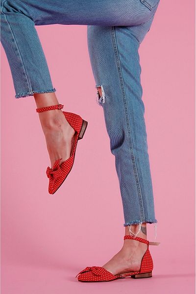 DURUNUN BUTİĞİ Sambo Red Polka Dot Bow Ankle Strap Pointed Toe Casual Ballerinas