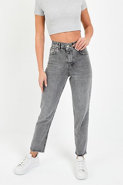 Trn JNS Spanish High Waist Gray Snow Mom Denim Pants Lycra Colorfast Smoked Extra Comfortable Mom Jeans