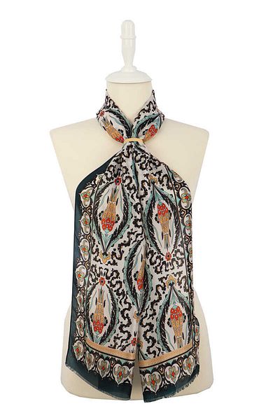 Bursa İpek Green Tan Large Tulip Voile Silk Scarf