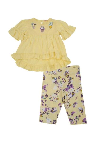 Zeyland Kız Bebek Ve Çocuk %100 Pamuk Cotton Sarı Renk Çicekli Tunik Bluz Tay...