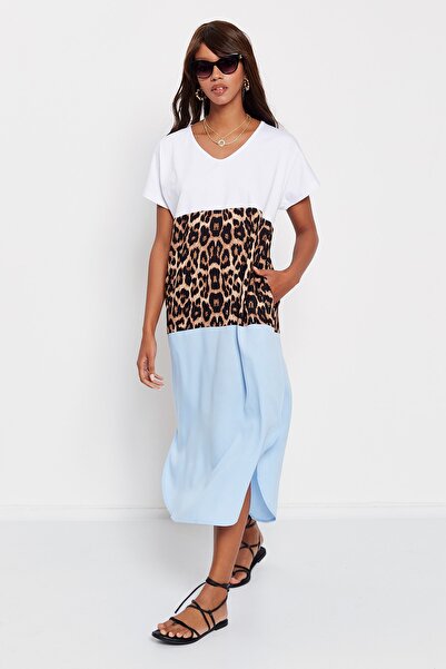 Hopoi Rochie de damă cu garnitură leopard albastru T3190