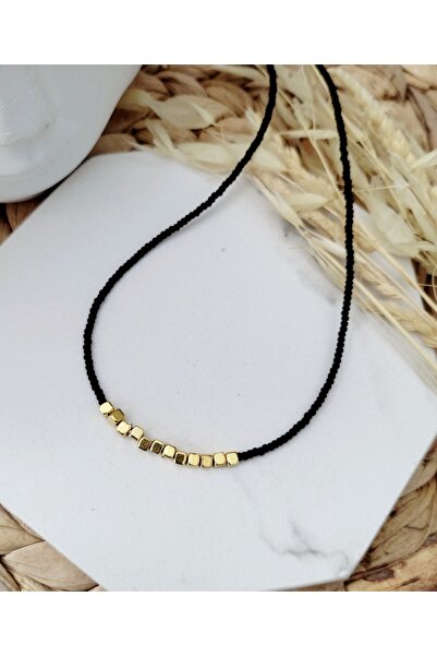 HALHALMILL Siyah Afgan Boncuklu Gold Küp Detaylı Tasarım Kolye