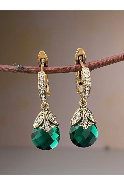 tasarımhikayecisi Zirkon Taşlı Zümrüt Yeşili Kedi Gözü Küpe