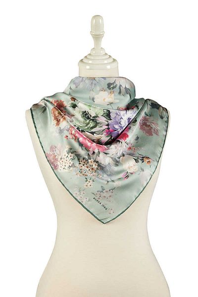 Bursa İpek Mint Four Flower Pattern Silky Scarf