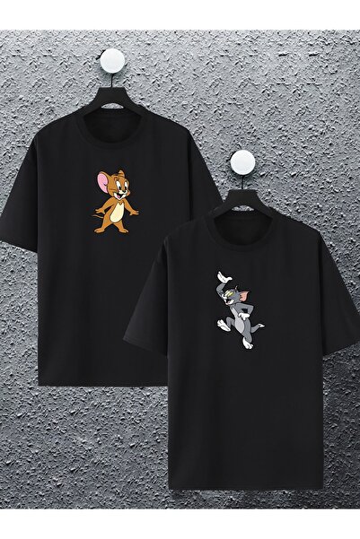 macklin Unisex Femei Bărbați Tom și Jerry imprimat Lover Cuplu Combinație Design Set de 2 tricouri oversize