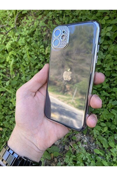 I Phone 13 Pro Max Renkli Çerçeveli Lens Korumalı Elmas Stil Şeffaf Kılıf - Gümüş