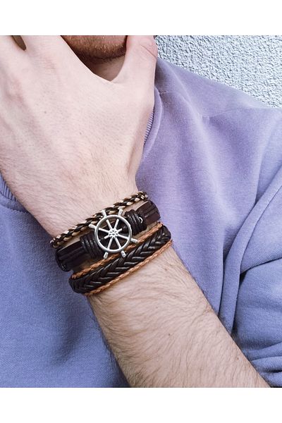BSN Genuine Leather Bracelet with Rudder Figure 3 Pieces