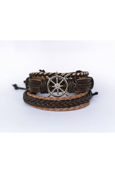 BSN Genuine Leather Bracelet with Rudder Figure 3 Pieces
