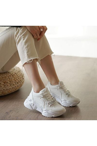 FLORİN Pantofi de damă Afilli, cu lanț alb, cu talpă groasă, plimbare zilnică, antrenament ocazional, pantofi sport în aer liber