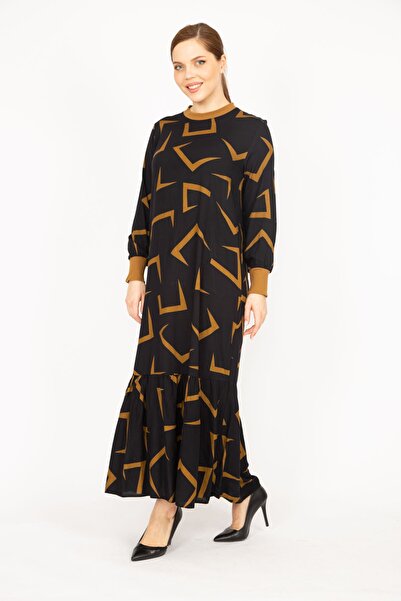 Şans Γυναικείο Μακρύ Φόρεμα Μεγάλου Μεγάλου Μεγάλου Μεγέθους Υφαντό Βισκόζη Γιακά και Μανίκι Ριμπ Μακρύ Φόρεμα 65n35966