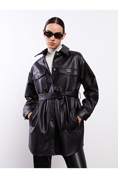 LC Waikiki Πουκάμισο γιακά ίσιο μακρυμάνικο γυναικείο δερμάτινο παλτό