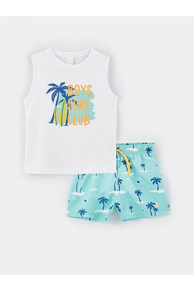 LC Waikiki Crew Neck Printed Baby Boy Athlete and Swim Shorts Set of 2