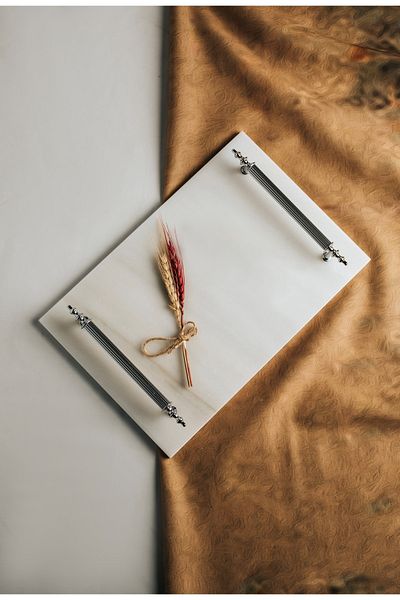 MERALP Thin Marble Silver Promise/ Engagement Tray with 2 Removable Rings, Metal Profile Handle