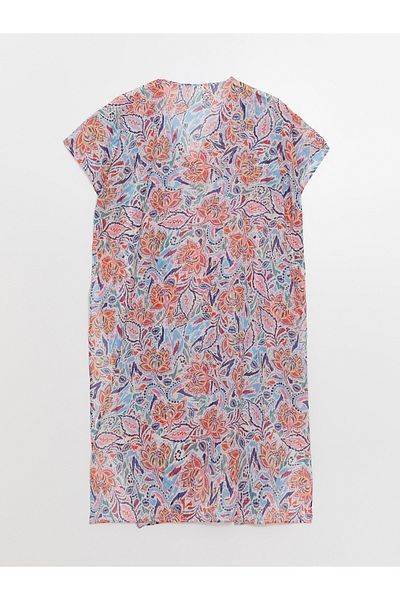 LC Waikiki Gemustertes kurzärmliges Strandkleid mit V-Ausschnitt für Damen