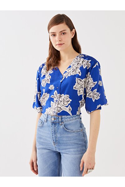 LC Waikiki Γυναικεία μπλούζα με λαιμόκοψη V-λαιμόκοψη Floral Balloon Sleeve Crop