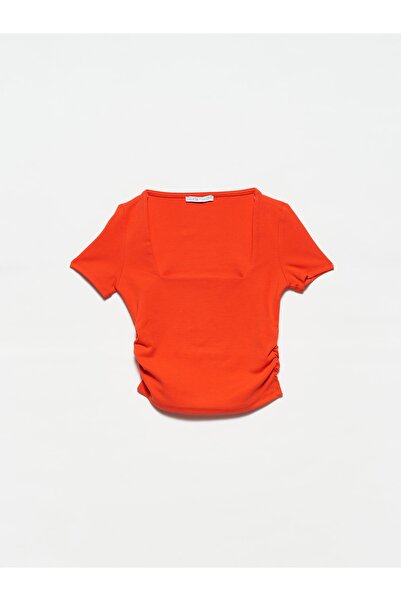 Dilvin 30118 Square Neck Gathered T-shirt-red