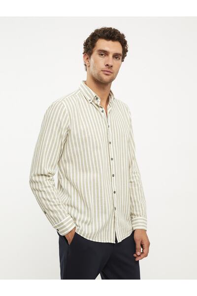 LC Waikiki Normál szabású, hosszú ujjú csíkos vászon férfi ing
