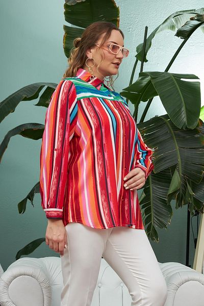 RMG Red Plus Size Asymmetrical Striped Long Sleeve Summer Shirt - 06049