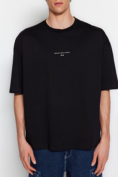 Trendyol Collection Μαύρο μπλουζάκι Oversize 100% βαμβακερό παιχνίδι πάνω από την πλάτη τυπωμένο