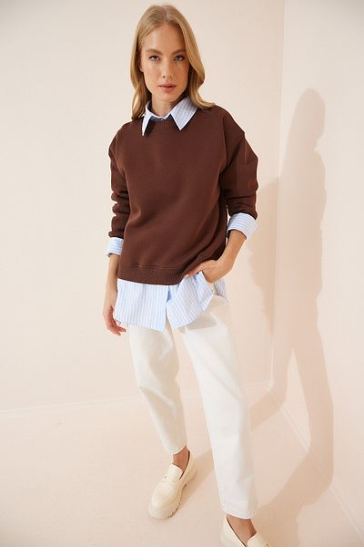 Happiness İstanbul Women's Brown Crew Neck Raised Sweatshirt YK00048
