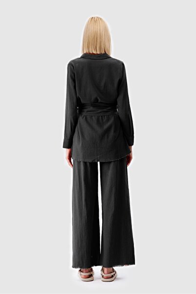 Açelya Okcu Oversize Tie Waist Shirt Loose Trousers Top and Bottom Set