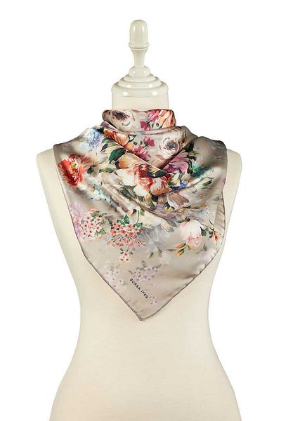 Bursa İpek Light Gray Four Flower Pattern Silky Scarf
