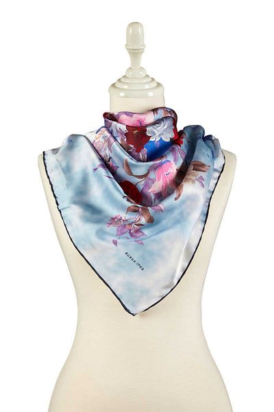 Bursa İpek Blue Bouquet Pattern Silky Scarf