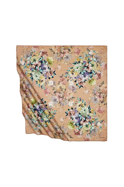 Bursa İpek Tan Four Flower Pattern Silky Scarf