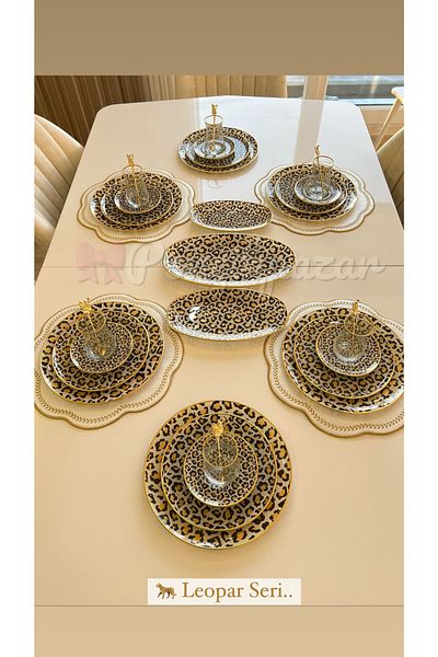 PONCİKPAZAR 34 Pieces Leopard Breakfast and Cake Set for 6 People