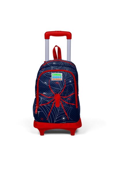 Coral High Kids Lacivert Kırmızı Örümcek Desenli Üç Bölmeli Işıklı Tekerlekli Çekçekli Okul Sırt Çan