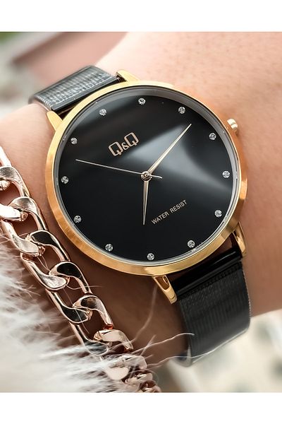 Q&Q Steel Cord Black Color Women's Wristwatch+Bracelet