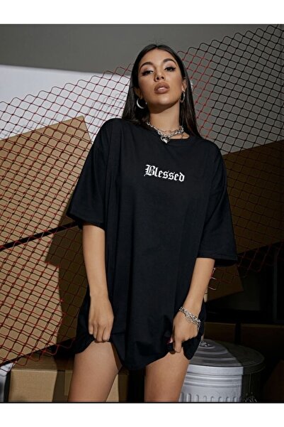 Josette Unisex Black Blessed Printed Cotton Crew Neck Oversize T-shirt