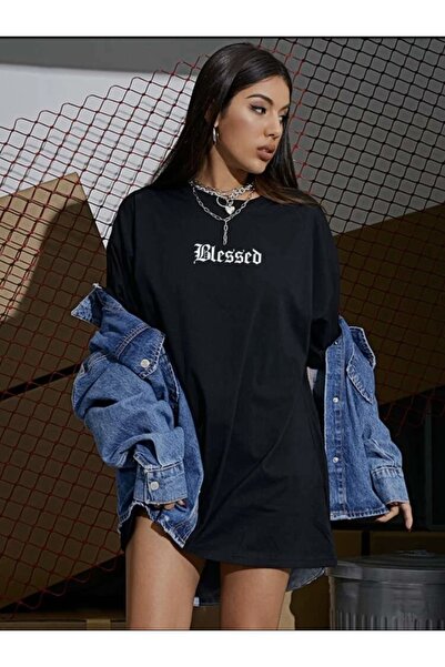 Josette Unisex Black Blessed Printed Cotton Crew Neck Oversize T-shirt