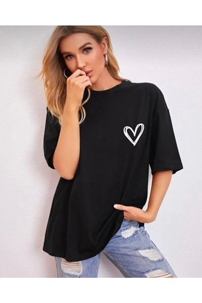 Josette Women's Black Heart Printed Cotton Crew Neck Oversize T-shirt