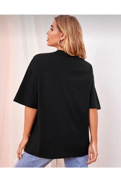Josette Women's Black Heart Printed Cotton Crew Neck Oversize T-shirt