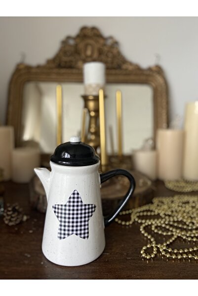 Handmadesign Kapaklı El Yapımı Seramik Sürahi - Siyah Beyaz Pötikareli Yıldız...