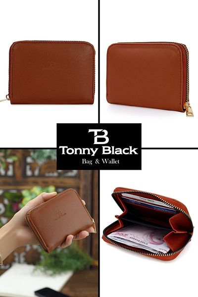 Tonny Black Original Women's Card Holder Coin Compartment Zippered Comfort Model Mini Card Holder Wallet Brown