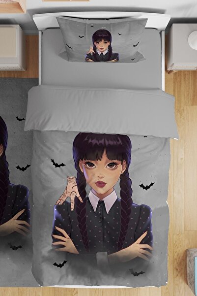 EVPANYA Gri Wednesday Addams Desenli Tek Kişilik Bebek Çocuk Nevresim Takımı