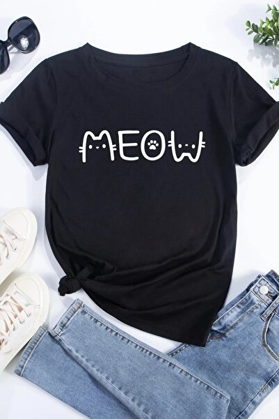 Keywest Velika veličina Meow mačka Napisano Oversize kroj Unisex crno Unisex ...