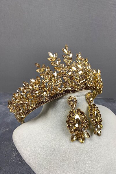 GELD Set de coroană de mireasă și cercei cu trei pietre pentru femei, model S...